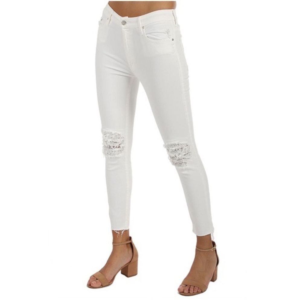 Mother High Waisted Looker Ankle Fray Little Miss Lacey White Distressed Jeans